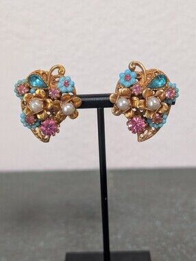 ART Co Leaf Shaped Rhinestone Clip On Earrings with Applied Flowers Gold Tone